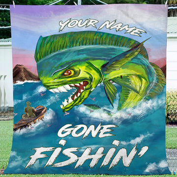 Maxcorners Gone Fishin Mahi-mahi Customized Name 3D Quilt - Blanket