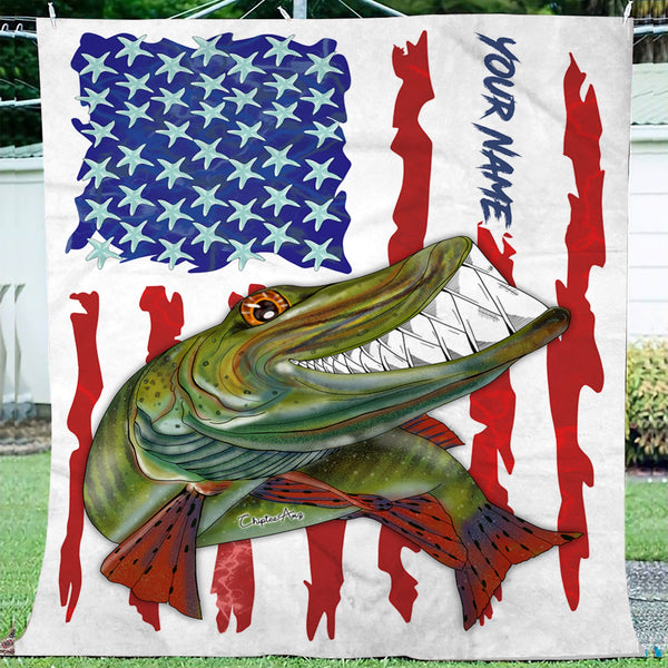 Maxcorners Muskellunge fishing American flag funny Musky art custom name fishing blanket