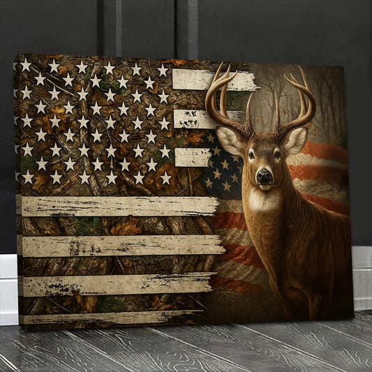 Maxcorners Deer American Flag Canvas, Rustic Patriotic Hunter Wall Art, Camo Buck Print for Cabin or Man Cave Decor