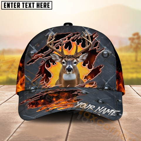 Maxcorners Deer Hunting Hat – Metal Flame with Metal Buck Emblem – Personalized Name 3D Hunting Cap