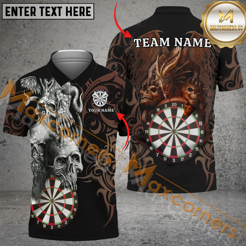 Maxcorners Darts Skull Dragon Mutilcolor Options Personalized Name, Team Name 3D Polo Shirt