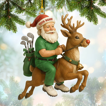 Maxcorners Green Personalized Golf Santa Ornament â€“ Custom Name Christmas Ornament â€“ Funny Golf Xmas Gift for Players, Santa Riding Reindeer Tree Decoration MT1611