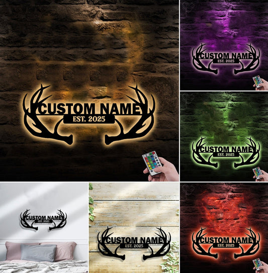 Maxcorners Personalized Deer Antler Metal Sign WITH LED/WITHOUT LED - Rustic Cabin Name Sign, Hunter Lodge Established Wall Art LM0110