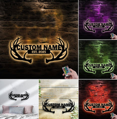 Maxcorners Personalized Deer Antler Metal Sign WITH LED/WITHOUT LED - Rustic Cabin Name Sign, Hunter Lodge Established Wall Art LM0110
