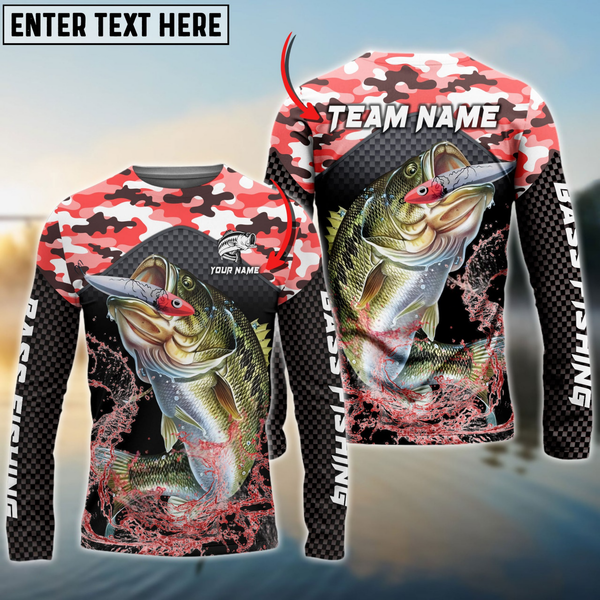 Maxcorners Bass Fishing Red Camo Sport Personalized Name, Team Name 3D Long Sleeve Shirt