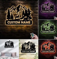 Maxcorners Personalized Deer Metal Sign WITH LED/WITHOUT LED - Mountain Cabin Name Sign, Rustic Wildlife Wall Art for Lodge & Outdoor Decor LM0110