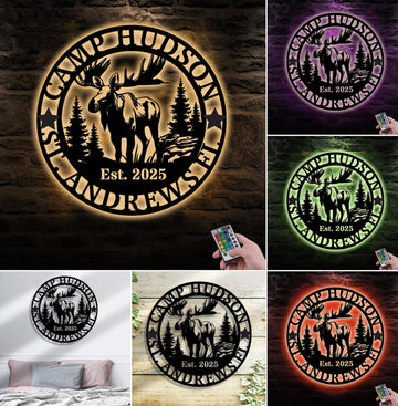 Maxcorners Personalized Moose Metal Sign WITH LED/WITHOUT LED - Rustic Cabin Name Sign, Wildlife Wall Art for Lodge, Camp & Outdoor Decor LM0110