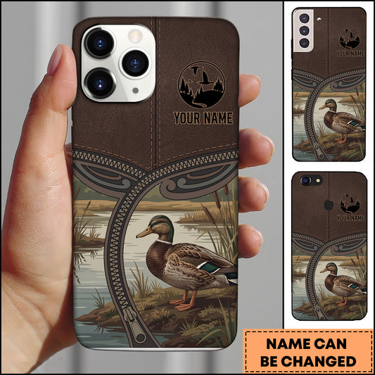 Maxcorners Artist Hunting Duck Zipper Leather Brown Vintage Personalized Name Phone Case
