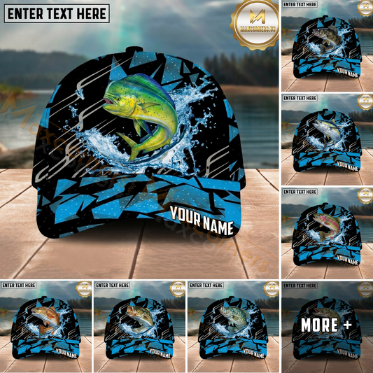 Maxcorners  Fishing Geometric Splash Dark Blue Pattern Personalized Name Classic 3D Cap (9 Breeds)