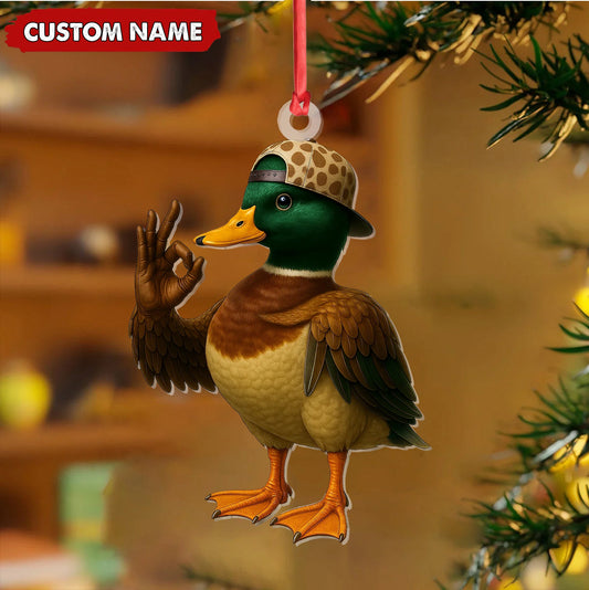 Maxcorners Personalized Cool Duck Christmas Ornament, Custom Name Mallard Wearing Hat, Funny Hipster Duck Tree Decoration