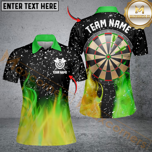 Maxcorners Green And Yellow Fire Dartboard Women Darts Polo Shirts Custom Dart Shirts For Team Dart Jerseys