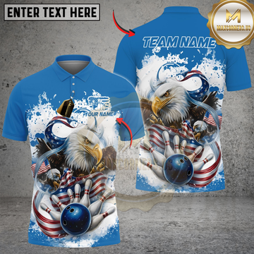 Maxcorners Bowling Eagle Flag Patriot Blue Personalized Name, Team Name 3D Shirt