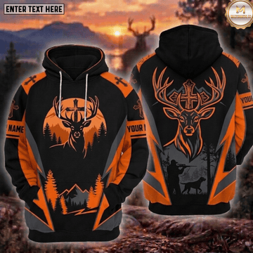 Maxcorners Deer Hunting Cross Faith Blaze Orange Buck Hunter And Dog Forest Mountain Camo Hoodie Personalized Your Name 3D Hoodie