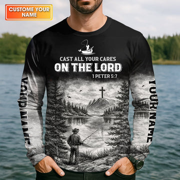 Maxcorners Cast All Your Cares on the Lord, Christian Fishing UPF Shirt, Funny Fishing Shirt