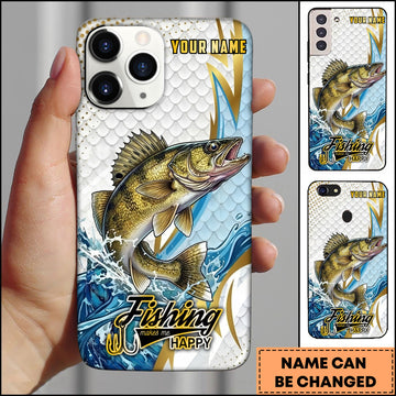 Maxcorners Walleye Fishing Phone Case Splash Water Gold Lightning Pattern Personalized Name Phone Case
