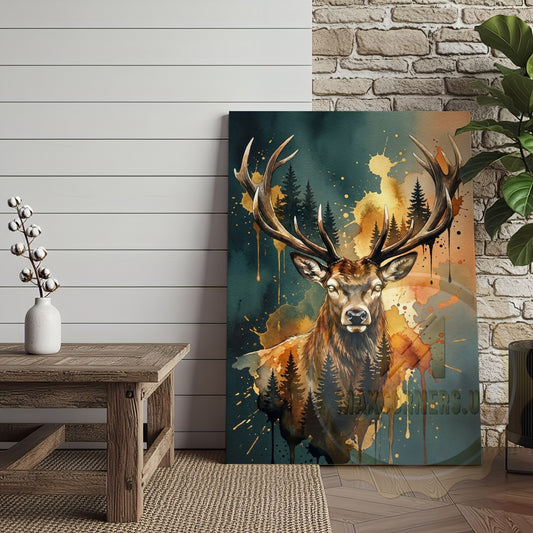 Maxcorners Artistic Stag Canvas - Autumn Watercolor Deer with Pine Trees