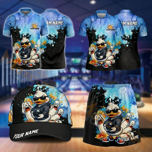 Maxcorners Bowling Funny Duck Bowling Ball Design Personalized Team Sportswear Set - Polo Shirt, Cap & Skorts