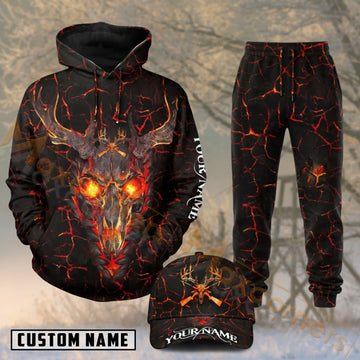 Maxcorners Hunting Flaming Deer Skull Lava Fire Personalized 3D Combo Hoodie, Sweatpants Set & Cap