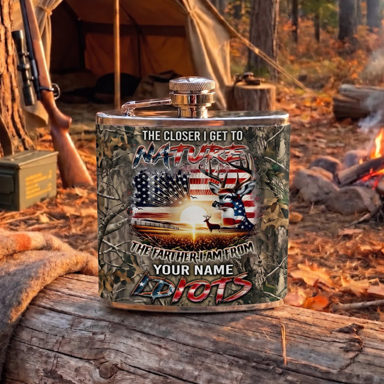 Maxcorners Hunting Patriotic Deer American Flag Skull Design Personalized Name 3D Hip Flask