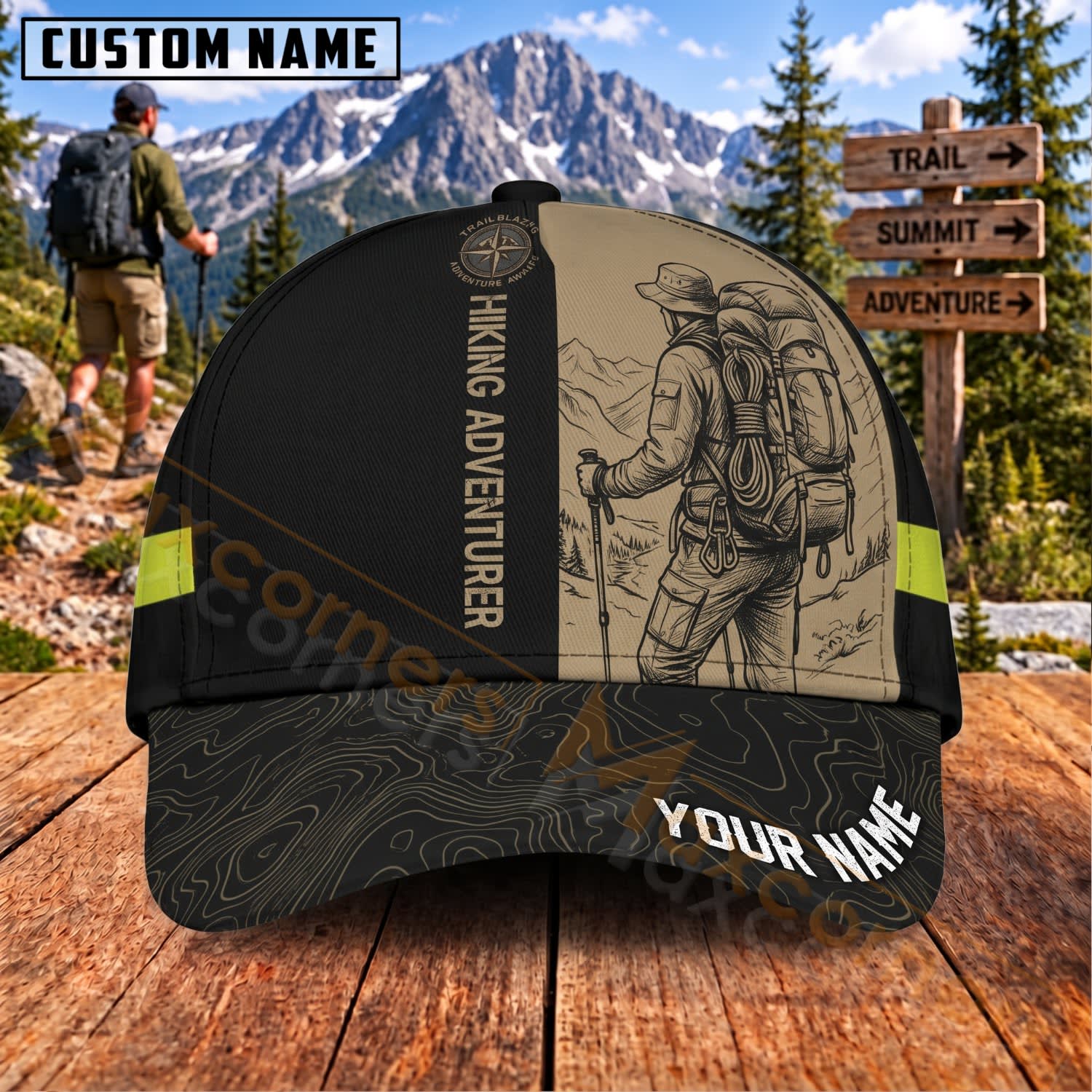 Maxcorners Hiking Adventure Backpacker Sketch Personalized Name 3D Cap