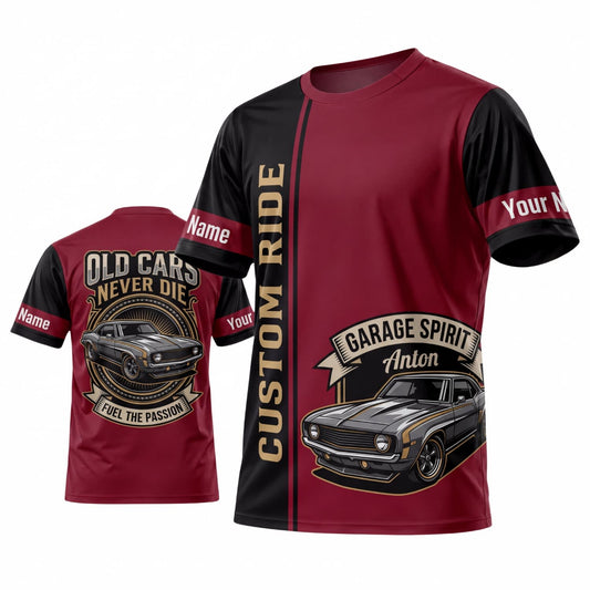 Maxcorners Personalized Car Classic Muscle Car 3D T-Shirt – Burgundy Black Custom Ride and Silver Vintage Car