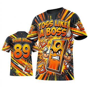 Maxcorners Cornhole Toss Like A Boss Explosive Orange Personalized Name 3D Unisex Shirt