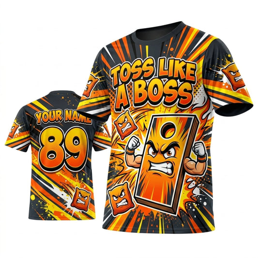 Maxcorners Cornhole Toss Like A Boss Explosive Orange Personalized Name 3D Unisex Shirt
