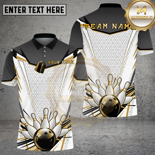 Maxcorners Bowling Strike Pin Explosion Gold Black Graphic Multicolor Options Personalized Name, Team Name 3D Shirt (4 Colors)
