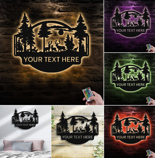 Maxcorners Personalized Deer Forest Metal Sign WITH LED/WITHOUT LED, Rustic Hunting Cabin Wall Decor, Wildlife Scene for Lodge or Mancave LM0110