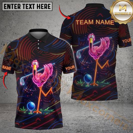 Maxcorners Golf Neon Flamingo Fun Art Customized Name, Team Name Shirts