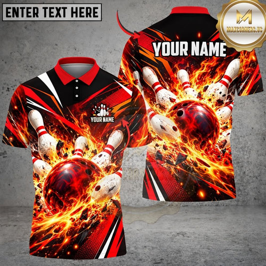 Maxcorners Bowling Fiery Fire Flame Explosion Pins Strike Artwork Multicolor Customized Name, Team Name 3D Shirts