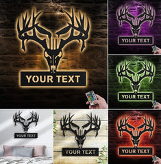 Maxcorners Personalized Deer Skull Metal Sign WITH LED/WITHOUT LED – Rustic Hunting Cabin Wall Decor, Gift for Hunters LM0110