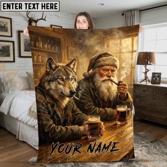 Maxcorners Old School Santa Claus and Wolf Drinking Beer Pub Personalized 3D Blanket