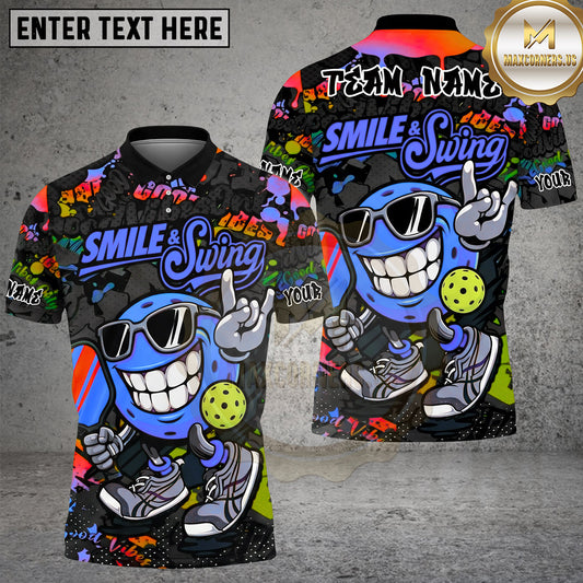 Maxcorners Pickleball Polo Smiling Sunglasses Ball Character Multiple Options Personalized Name, Team Name 3D Shirt