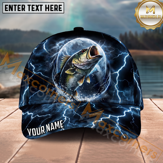 Maxcorners Fishing Thunder Moon Lightning Personalized Name 3D Cap (12 Fish Species)