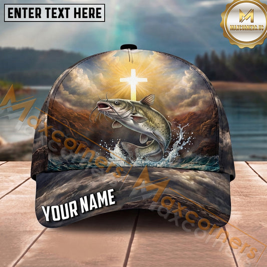 Maxcorners Fishing Faith Cross Mountain Lake Personalized Name 3D Cap (12 Fish Species)