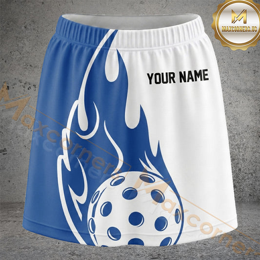 Maxcorners Pickleball White Blue Flame Ball Personalized 3D Skort, Skirts With Shorts