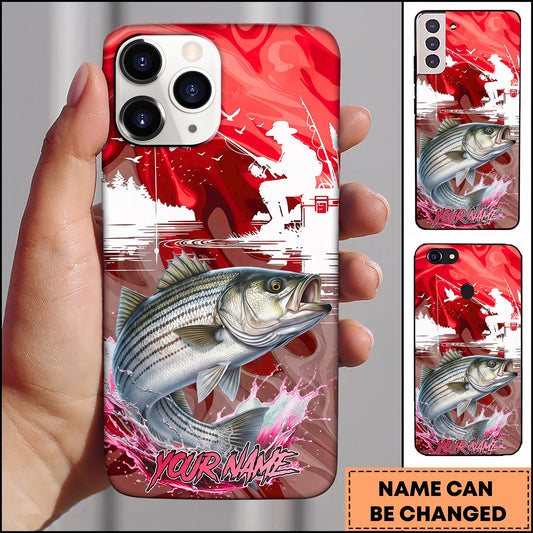 Maxcorners Fishing Vintage Red Fishing Scene with Silhouette Angler and Dynamic Water Splash Personalized Name Phone Case (13 Fish Species)
