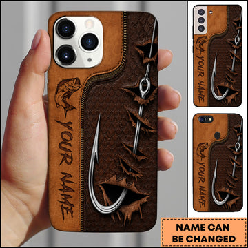 Maxcorners Fishing Hook Ripped Leather Multicolor Options Personalized Name 3D Shirt (12 Fish Species)