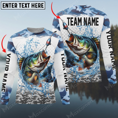 Maxcorners Bass Fishing Water Blue Camo Personalized Name, Team Name 3D Long Sleeve Shirt