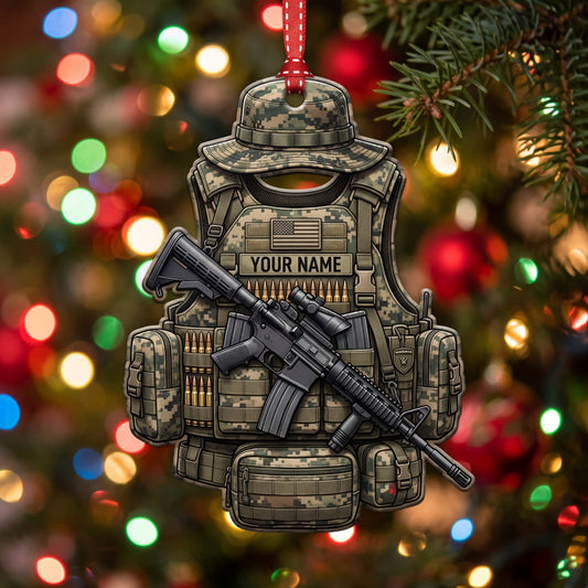 Maxcorners Military Woodland Camo Vest And Rifle Personalized Name 3D Keychain And Ornament