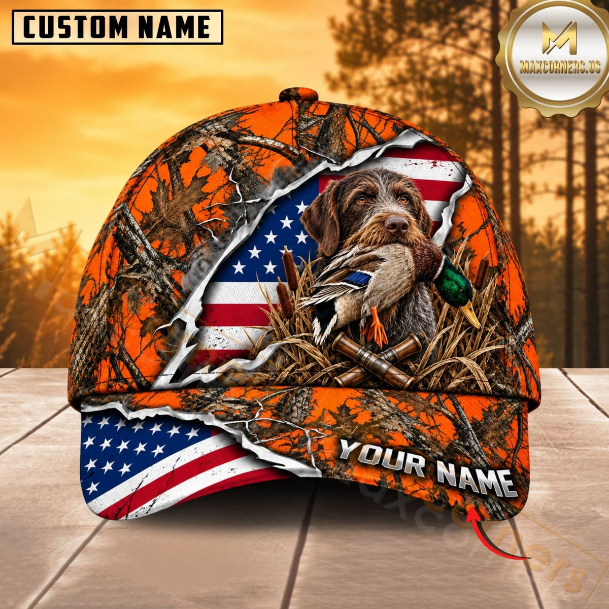 Maxcorners Dog Hunting And Duck Orange Woodland Camo American Flag Personalized Name 3D Cap