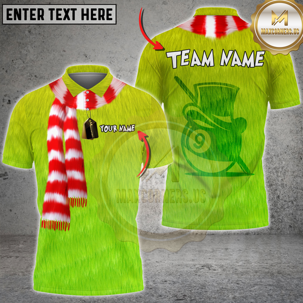 Maxcorners Billiards Green Furry Grinch Style 9 Ball Personalized Name 3D Unisex Shirt
