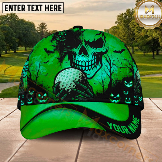 Maxcorners Golf Halloween Skull Holding Golf Ball Spooky Pumpkin Personalized Name 3D Classic Cap