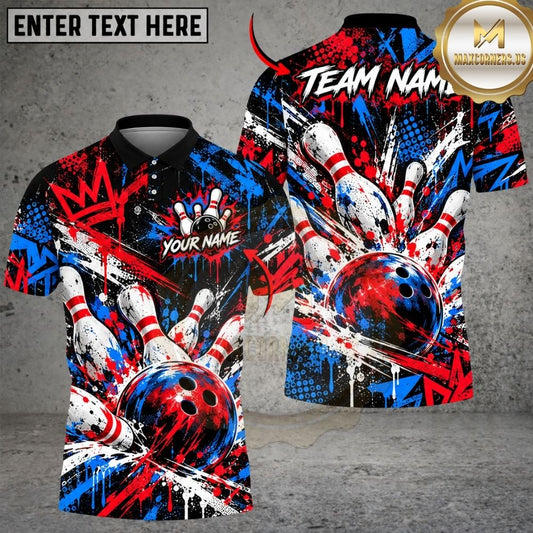 Maxcorners Bowling Graffiti Crown Paint Splatter Abstract Pins Strike Artwork Multicolor Customized Name, Team Name 3D Shirts