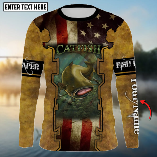 Maxcorners Flathead Catfish Fishing American Flag Customize Name 3D Shirt