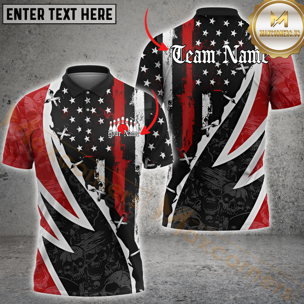 Maxcorners Bowling Skull American Flag  Customized Name, Team Name 3D Unisex Shirt