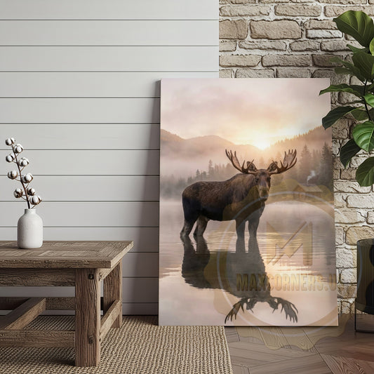 Maxcorners Moose Canvas Misty Lake Reflection Sunrise Canvas Wall Art