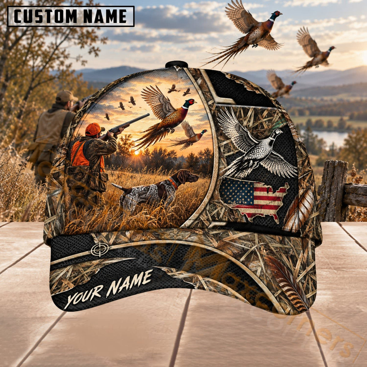 Maxcorners Upland Bird Hunting Sunset Pheasant American Flag Personalized Name 3D Cap