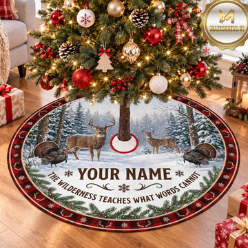 Maxcorners Hunting Deer Snowy Forest Plaid Personalized Name 3D Christmas Tree Skirt
